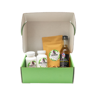 "Sacred Vitality & Wellness Builder by Sebi's Daughters, featuring Bush Bitters, Seamoss Capsules, Purity Tea, and Viral Therapy for natural wellness support in a lime green box."