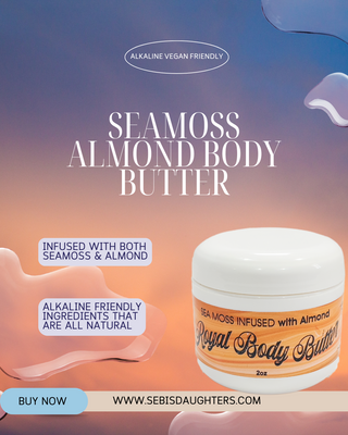 "Seamoss Almond Body Butter by Sebi's Daughters, a nourishing blend of Seamoss and almond for deeply moisturized, silky-smooth skin with a subtle, soothing scent. Set against a gradient sky background with fluid abstract shapes, reflecting the essence of the Spring Collection. Includes a 'Buy Now' button and website URL."