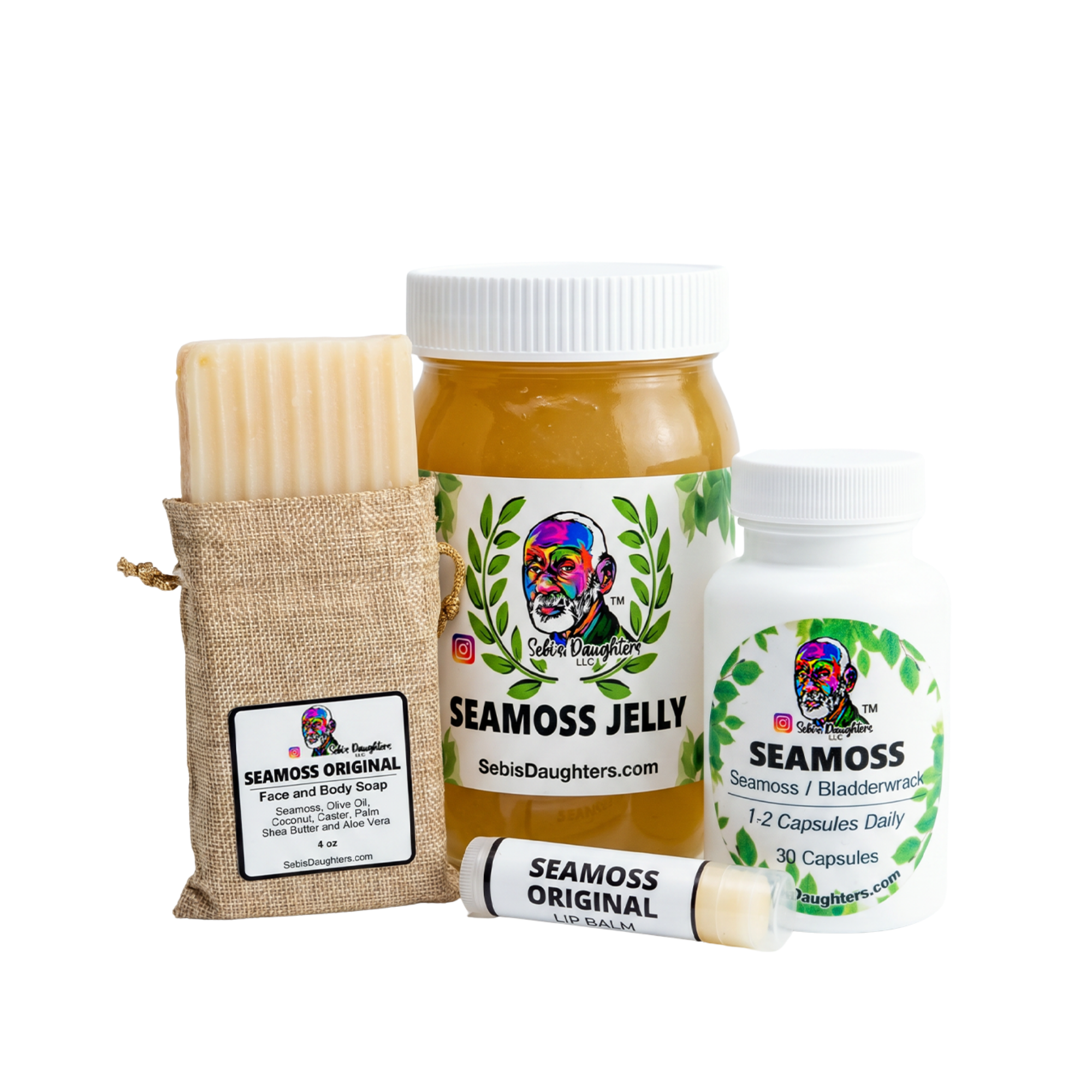 "Seamoss Bundle by Sebi's Daughters, featuring Organic Seamoss Lip Gloss, 30 Seamoss Capsules, 16oz Seamoss Jelly, and 4.5oz Seamoss Face and Body Soap."