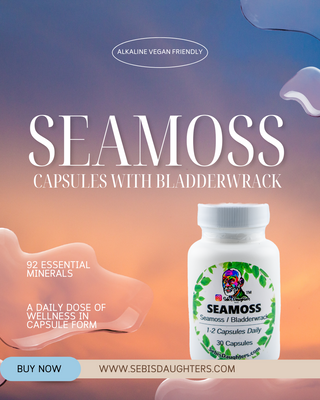 "Seamoss Capsules by Sebi's Daughters, packed with essential minerals to support daily wellness and vitality. Set against a gradient sky background with fluid abstract shapes, reflecting the essence of the Spring Collection. Includes a 'Buy Now' button and website URL."