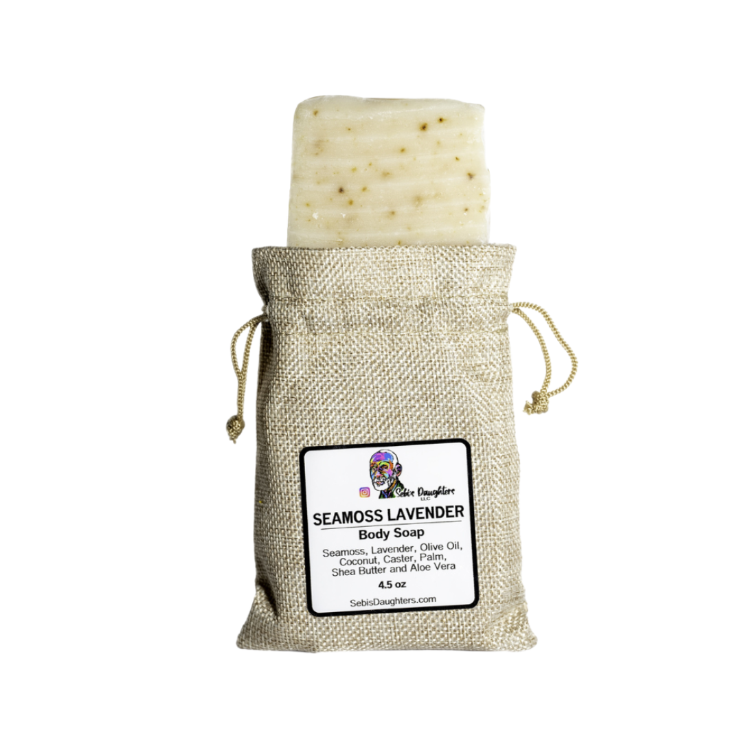 Image of Seamoss and Lavender Soap in a Burlap Bag with drawstring closures on each side.