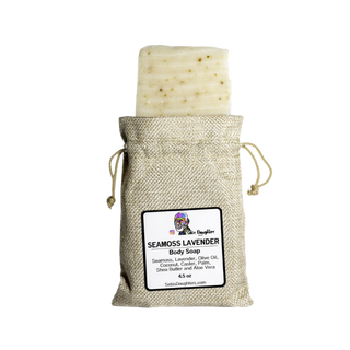 Image of Seamoss and Lavender Soap in a Burlap Bag with drawstring closures on each side.
