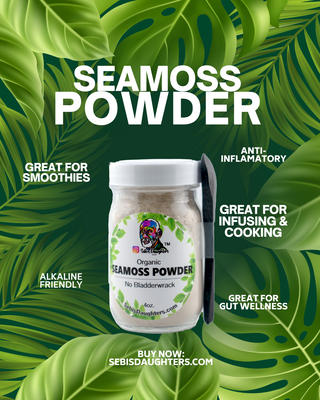 4oz jar with spoon of Seamoss Powder by Sebi's Daughters on a leafy green background, with text highlighting benefits like mineral-rich nutrition, immune support, and easy daily use.