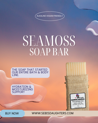 "Seamoss Original Soap Bar by Sebi's Daughters, a nourishing soap enriched with Seamoss to cleanse and hydrate your skin naturally. Set against a gradient sky background with fluid abstract shapes, reflecting the essence of the Spring Collection. Includes a 'Buy Now' button and website URL."