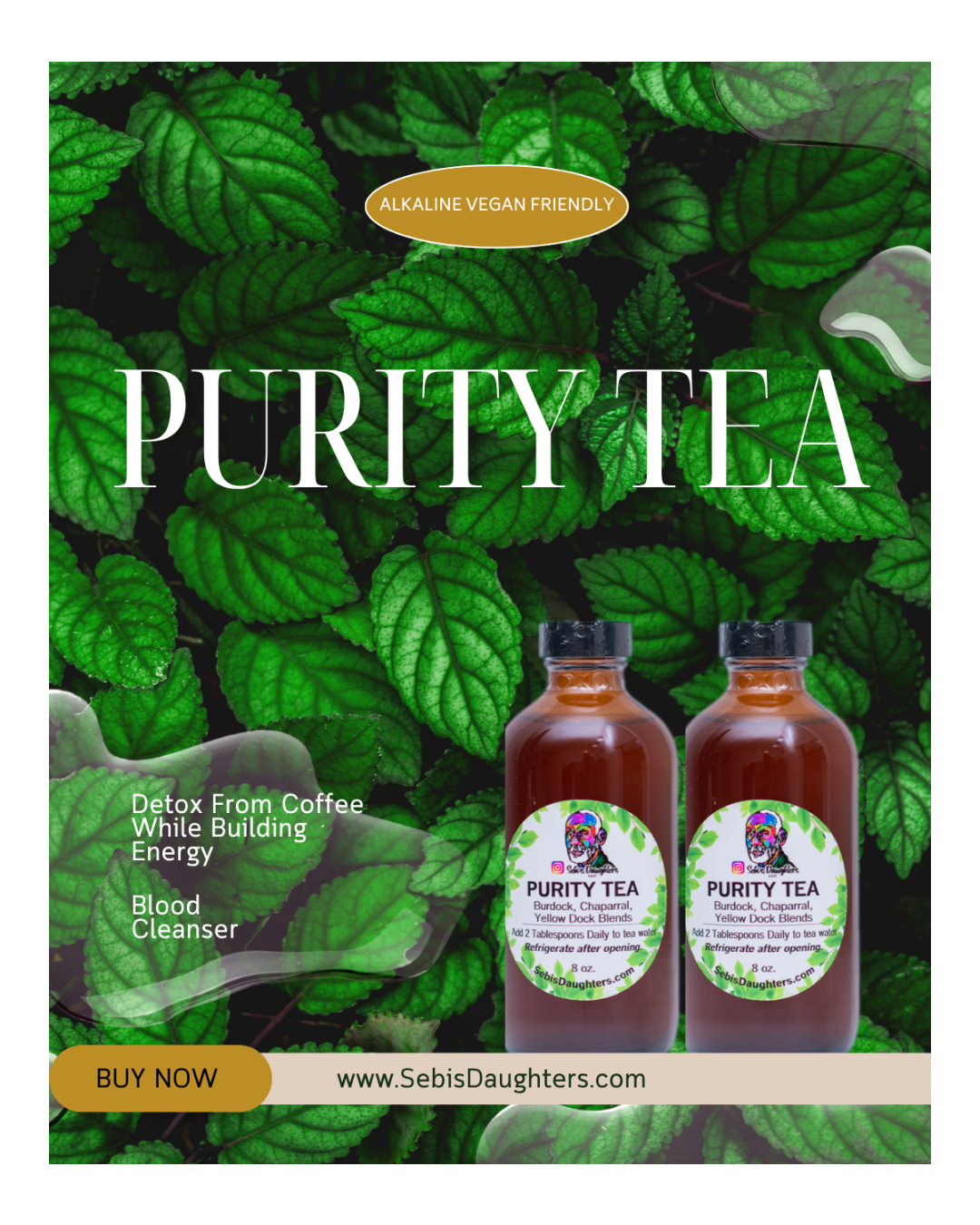 Two bottles of Purity Tea with green leaves in the background.