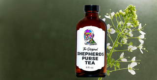 "Shepherd's Purse Tea by Sebi's Daughters, made with 100% shepherd's purse, spring water, and vegetable glycerin, promoting natural wellness."