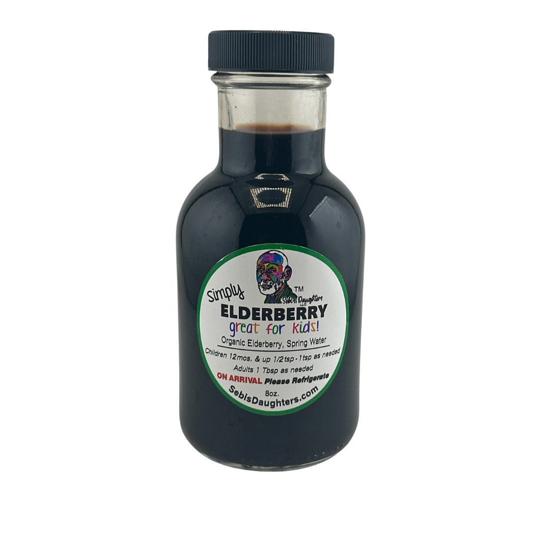 Simply Elderberry by Sebi's Daughters, a kid-friendly wellness supplement made with elderberry, vitamin C, and pure spring water for a delicious boost.