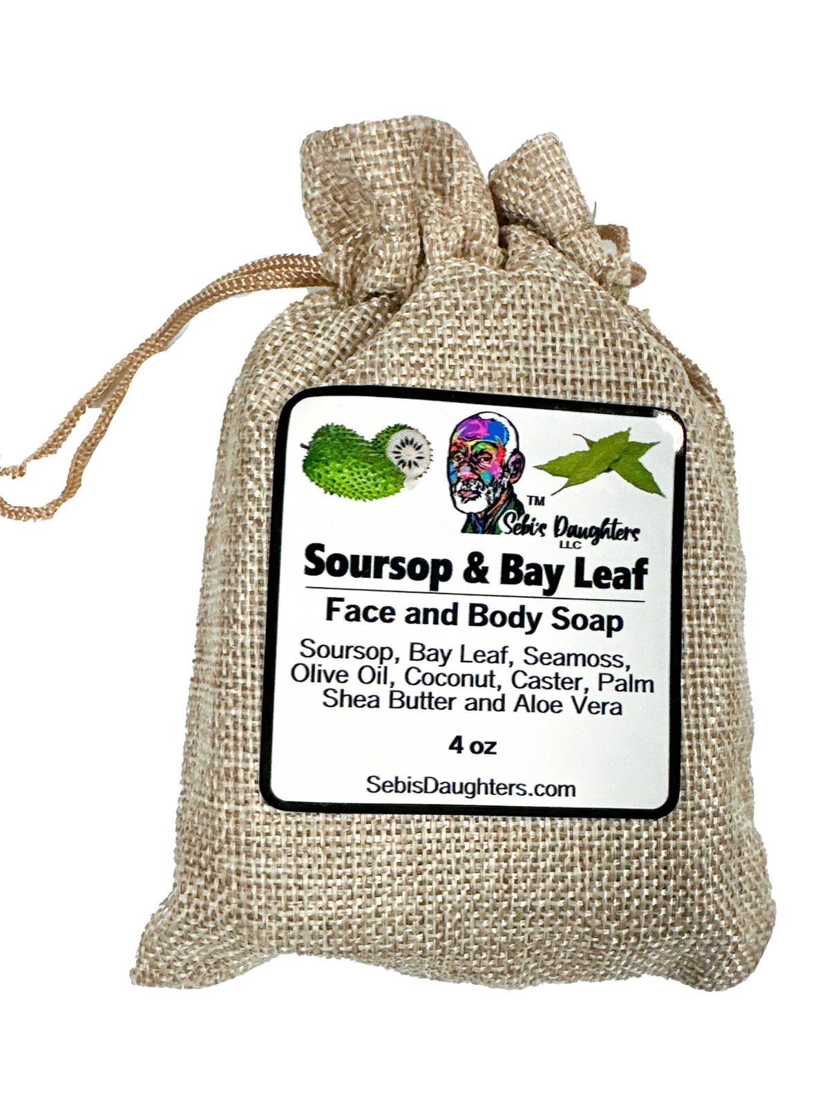 "Sebi's Daughters Soursop and Bayleaf Soap showcasing its natural ingredients including soursop, bayleaf, seamoss, coconut, castor oil, palm oil, shea butter, and aloe vera."