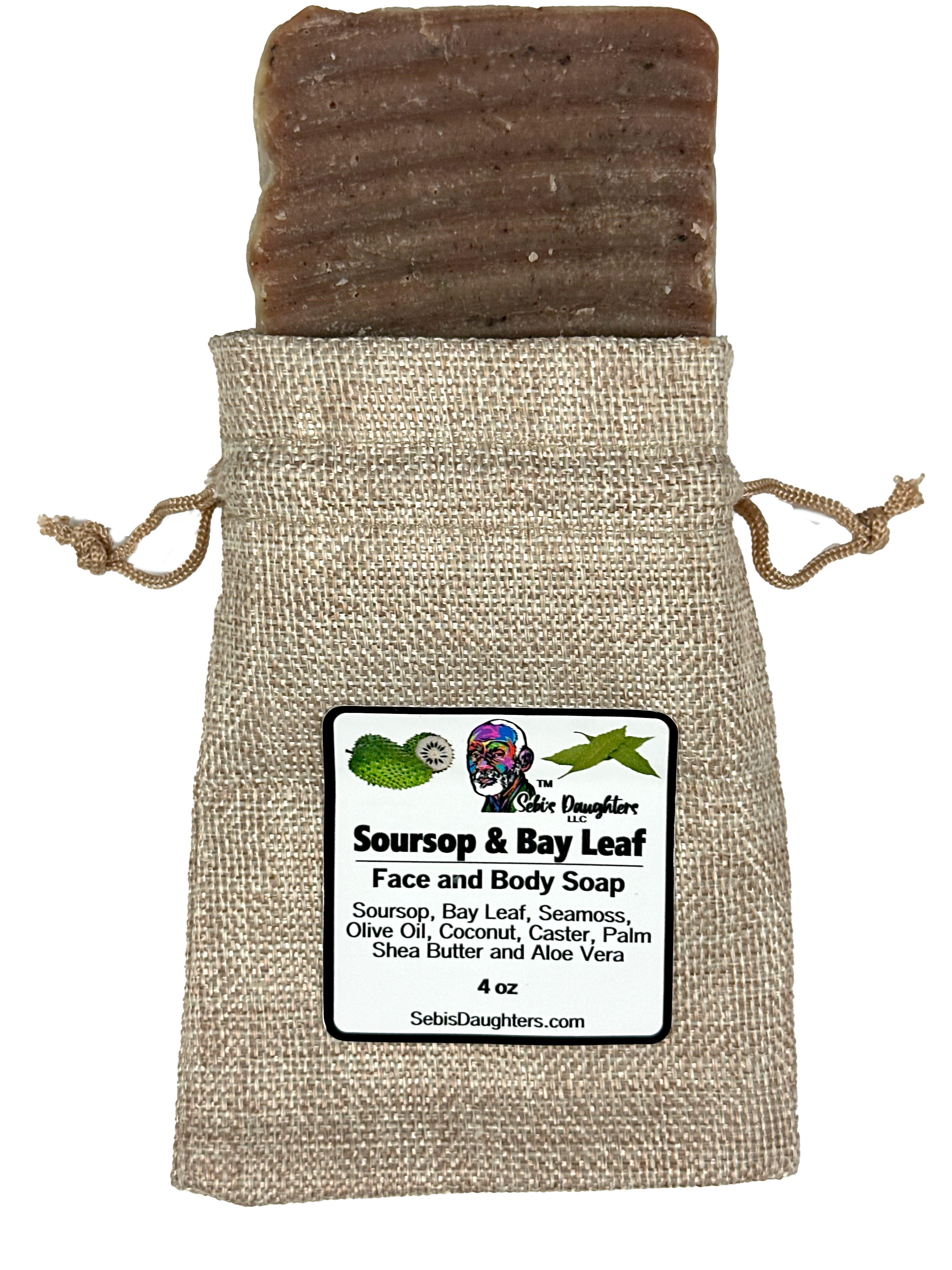 "Sebi's Daughters Soursop and Bayleaf Soap showcasing its natural ingredients including soursop, bayleaf, seamoss, coconut, castor oil, palm oil, shea butter, and aloe vera."