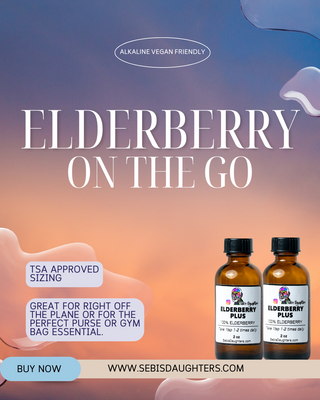 "2oz Elderberry by Sebi's Daughters, a TSA-approved travel-size immune-boosting supplement perfect for on-the-go wellness. Set against a gradient sky background with fluid abstract shapes, reflecting the essence of the Spring Collection. Includes a 'Buy Now' button and website URL."
