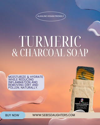 Image of Sebi's Daughters All Natural Spring 2025 Turmeric & Charcoal Soap That Moisturizes and Hydrates While Providing Inflammation Support and great for Removing dirt, pollen, and sand.