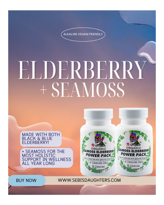 elderberry capsules for cold and flu

"Seamoss Elderberry Power Pack Capsules by Sebi's Daughters, combining the benefits of Seamoss and Elderberry for immune support and overall wellness. Set against a gradient sky background with fluid abstract shapes, reflecting the essence of the Spring Collection."