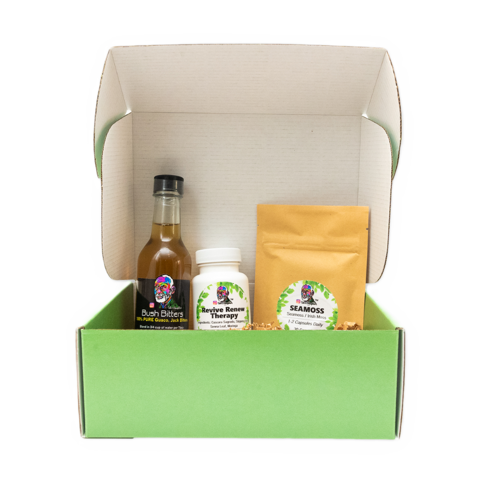 Revive & Renew Package by Sebi's Daughters, featuring Revive & Renew Therapy Capsules, Sea Moss Capsules, and 5oz Bush Bitters for a holistic wellness experience.