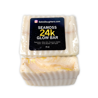"24k Glow Bar by Sebi's Daughters, organic seamoss soap with olive oil, coconut, castor, palm, sunflower oil, shea butter, aloe, and rose petals for a radiant cleanse."