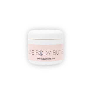 Image of white jar of Sebi's Daughters Rose body butter in it's baby pink, english rose label.