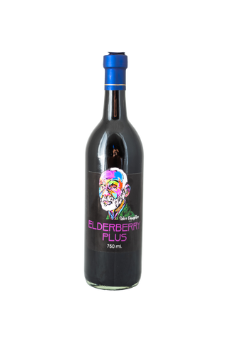 Image of Sebi's Daughters LLC Handcrafted Elderberry Plus 750 ML Bottle with a Blue Top in a black bottle with the Dr Sebi Face logo for Sebi's Daughters.