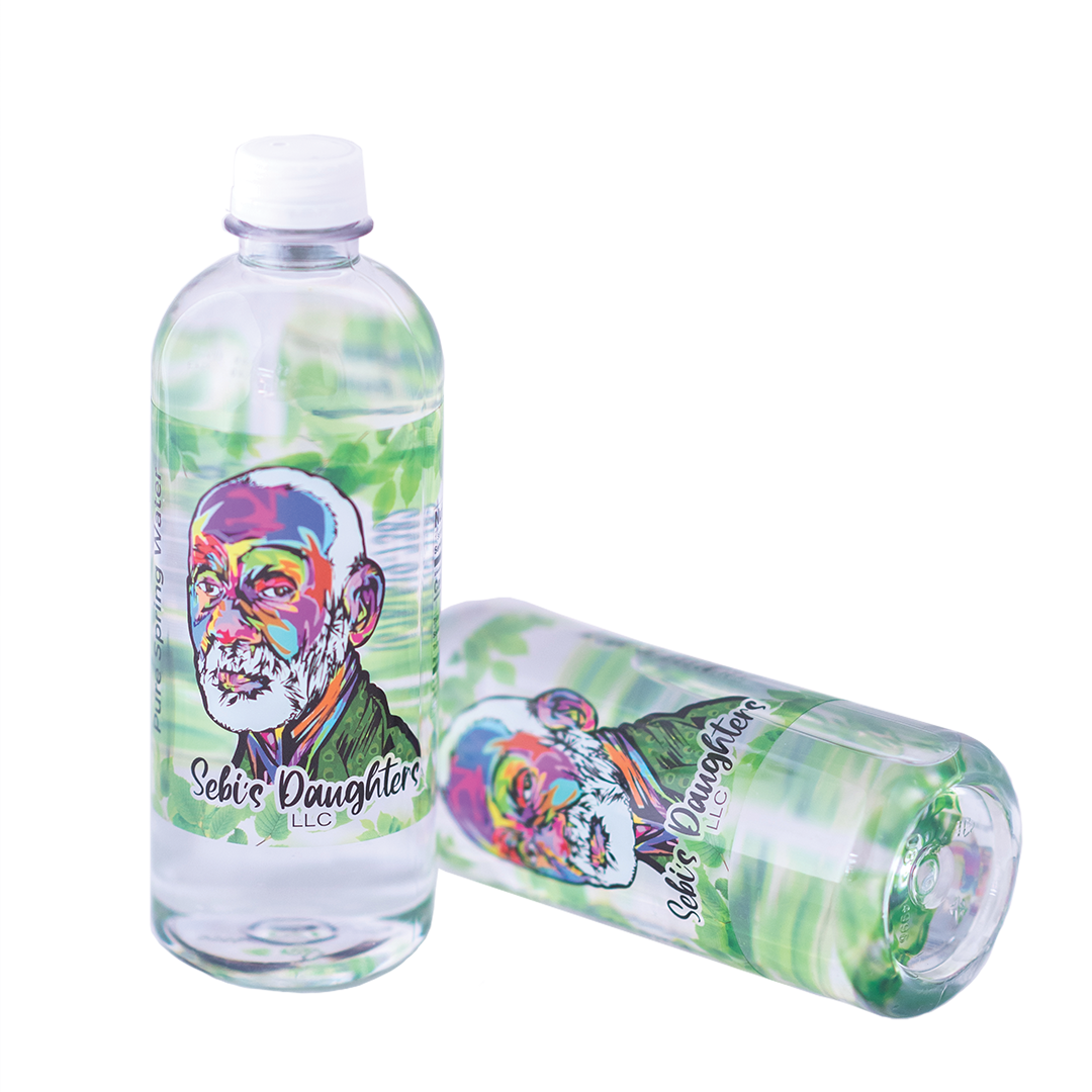 2 Bottles Of BPA Free Spring Water With Sebis Daughters LLC Logo On It.