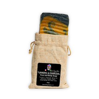 Turmeric & Charcoal Soap by Sebi's Daughters, featuring natural ingredients like turmeric, activated charcoal, olive oil, castor oil, aloe vera, and shea butter for a gentle, refreshing cleanse